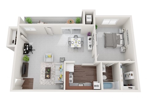 Renovated 1 Bed 1 Bath 595sf 3D Floor Plan at Falls Village Apartments, Baltimore